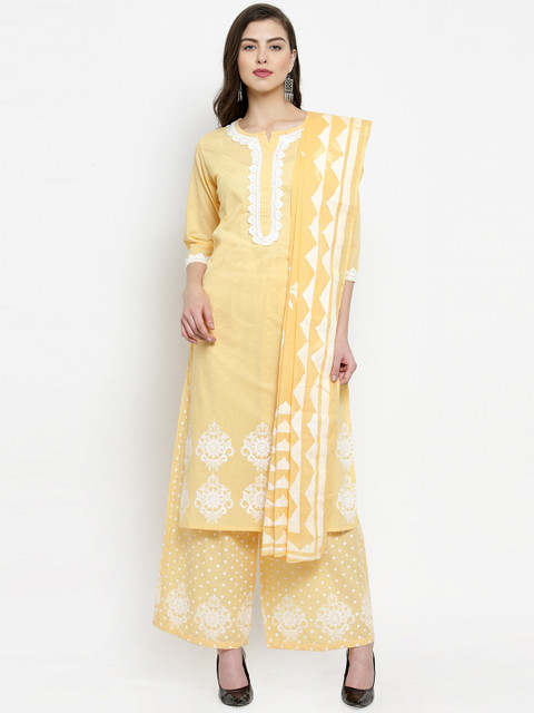 

WESTCLO Women Yellow & White Solid Kurta with Palazzos & Dupatta