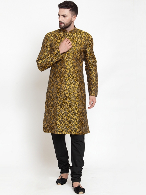 

Jompers Men Yellow & Black Self Design Kurta with Churidar