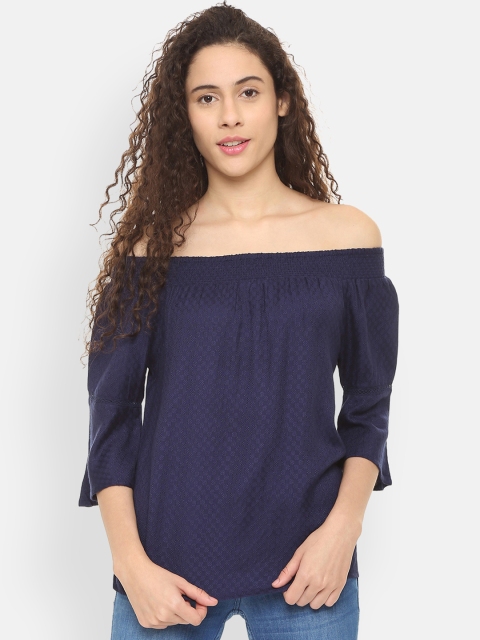 

People Women Navy Blue Self Design Bardot Top