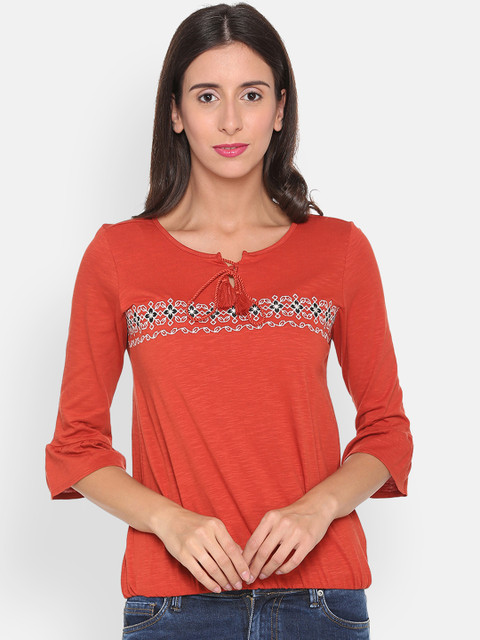 

People Women Rust Red Printed Pure Cotton Top