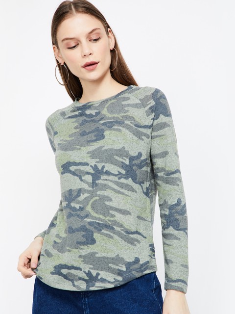 

Fame Forever by Lifestyle Women Olive Green Camouflage Print Top