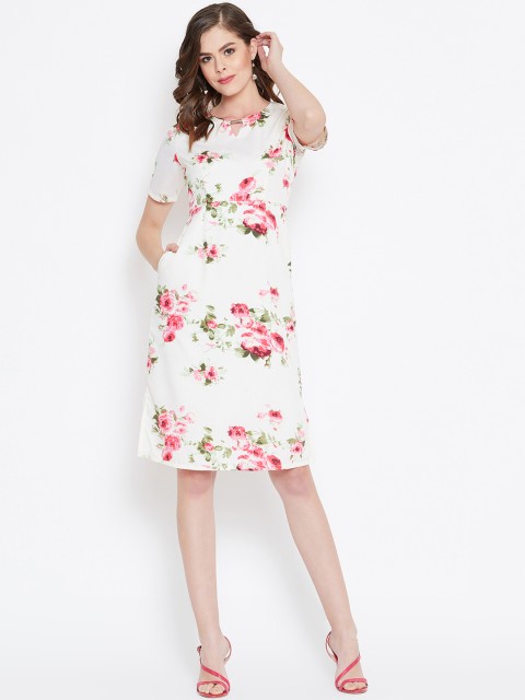 

PURYS Women Off-White Floral Printed Fit and Flare Dress