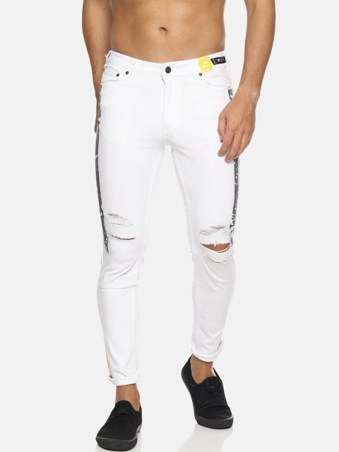 

KULTPRIT Men White Skinny Fit Mid-Rise Slash Knee Stretchable Jeans With Print & Distress