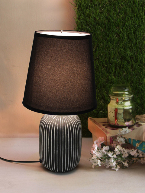 

TIED RIBBONS Black Printed Bedside Table Top Lamp with Shade