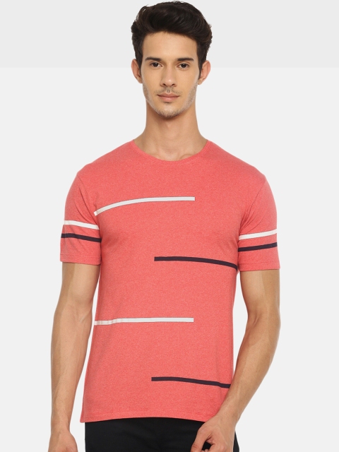 

Braveo Men Coral Pink Striped Round Neck T-shirt