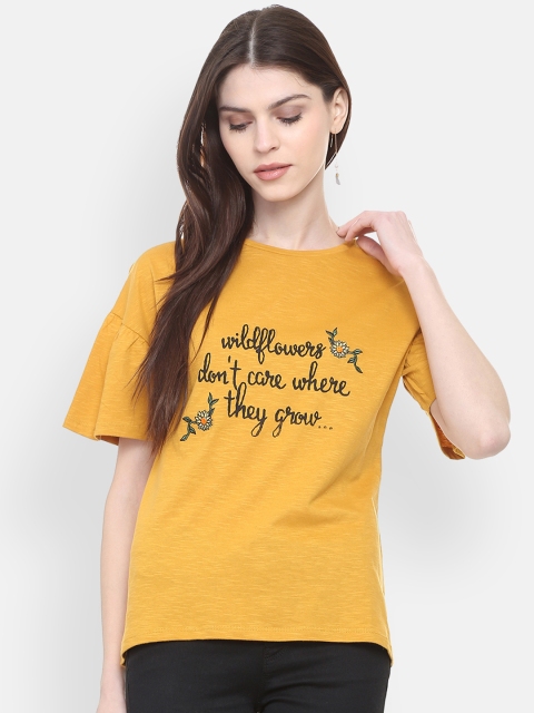 

People Women Yellow Printed Round Neck Pure Cotton T-shirt