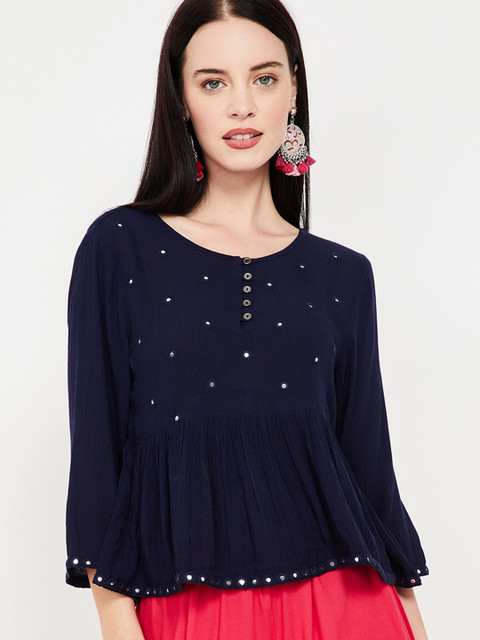 

Colour Me by Melange Women Navy Blue Embellished Empire Top