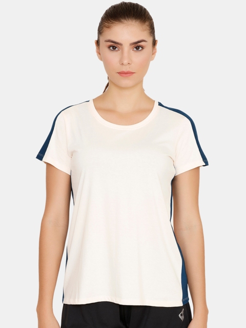 

Zelocity by Zivame Women Cream-Coloured Colourblocked Round Neck T-shirt