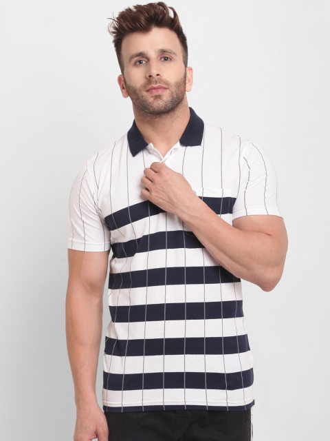 

BULLMER Men White & Navy Blue Checked Polo Collar T-shirt