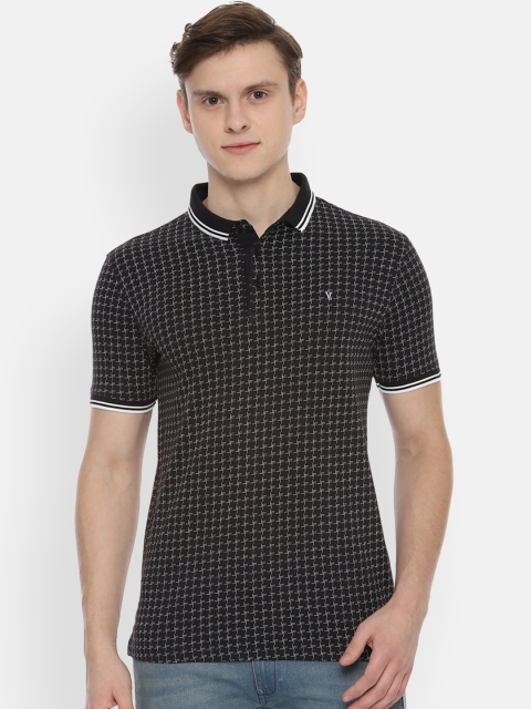 

V Dot Men Black & White Printed Slim Fit Polo Collar T-shirt