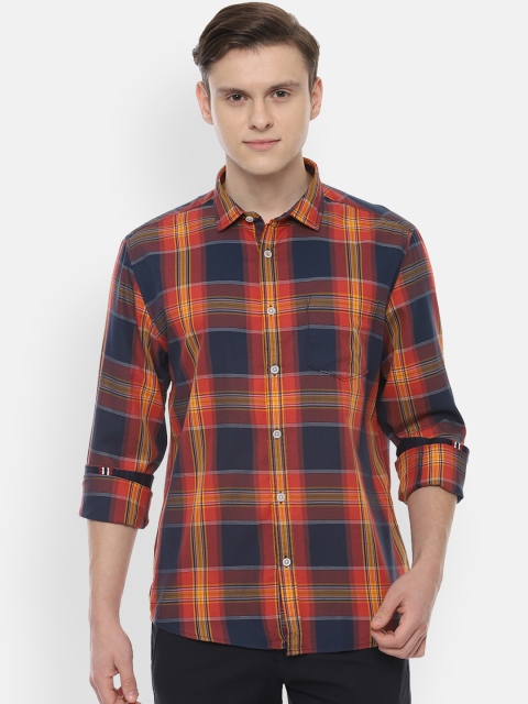 

People Men Navy Blue & Orange Regular Fit Checked Casual Shirt
