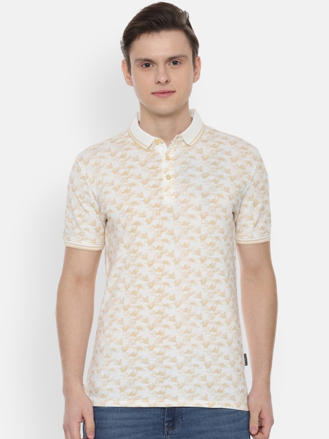 

V Dot Men Cream-Coloured Brown Printed Slim Fit Polo Collar Pure Cotton T-shirt