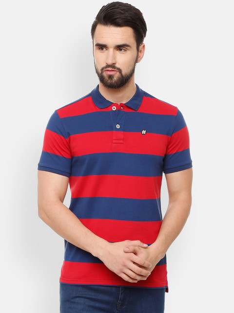 

People Men Blue Striped Polo Collar T-shirt