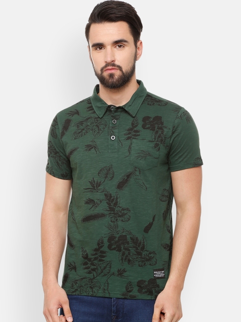

People Men Green Printed Polo Collar T-shirt