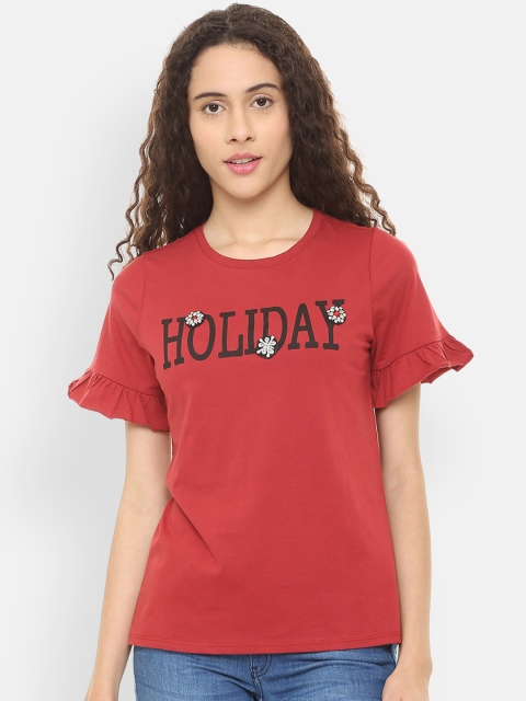 People Women Red Printed Round Neck T-shirt