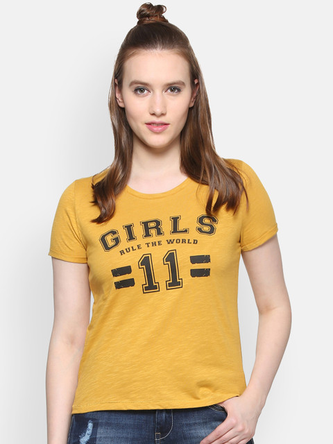 

People Women Yellow Printed Round Neck T-shirt