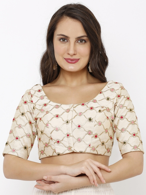 

Salwar Studio Women Off-White Embroidered Dupion Silk Readymade Padded Saree Blouse