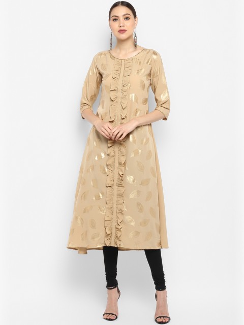 

Janasya Women Beige Leaf Foil Printed A-Line Kurta