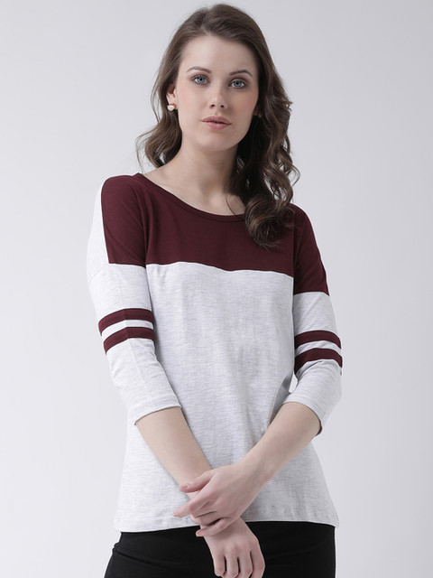 

The Dry State Women White & Maroon Colourblocked Round Neck T-shirt