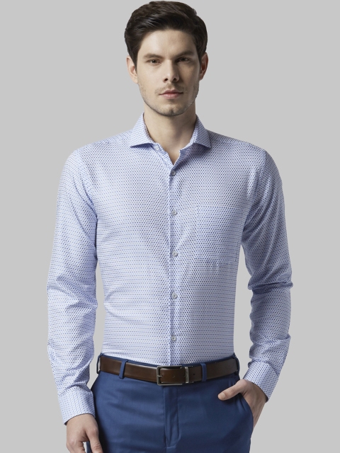 Park Avenue Men White & Blue Slim Fit Printed Formal Shirt