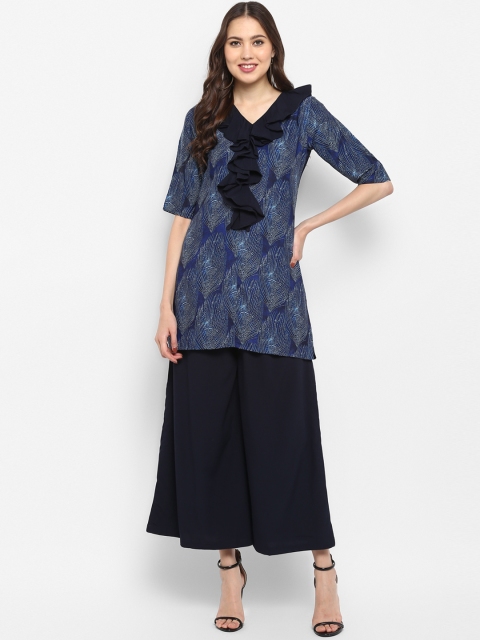 

Janasya Women Blue & Black Printed Kurti with Palazzos