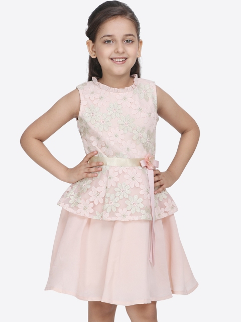

CUTECUMBER Girls Self Design Peach-Coloured Fit and Flare Dress
