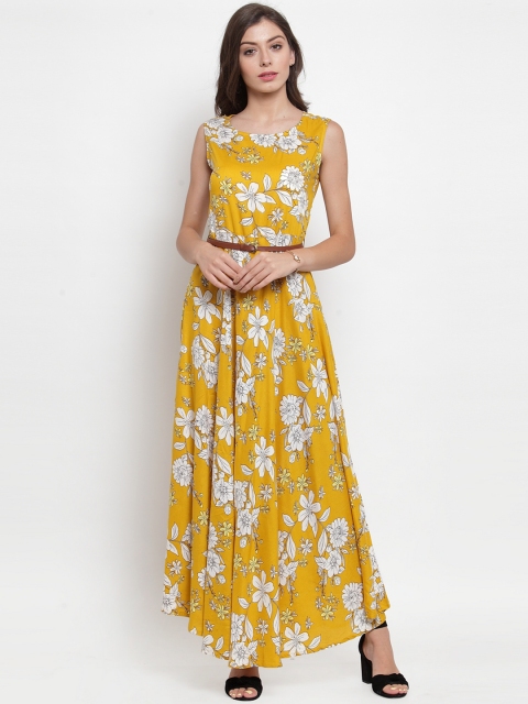 

Purple State Women Yellow Floral Printed Maxi Dress