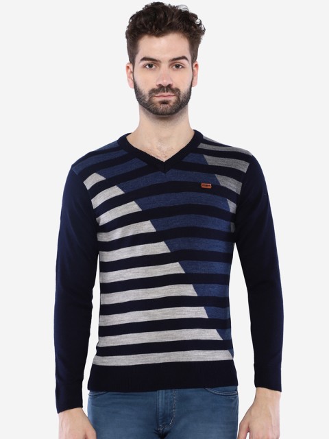 

Duke Men Blue & Grey Melange Striped Sweater