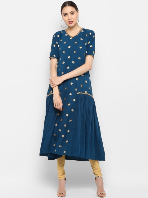 

Janasya Women Teal Blue Gotta Patti Foil Printed A-Line Kurta