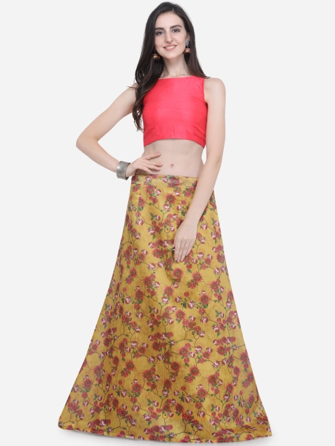 

Satrani Yellow & Peach Bhaghalpuri Silk Stitched Lehenga with Unstitched Blouse