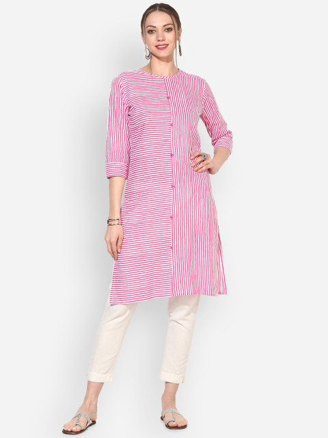 

Myshka Women Pink & White Striped Straight Kurta