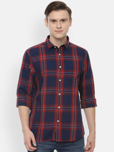 

People Men Navy Blue Regular Fit Checked Casual Shirt