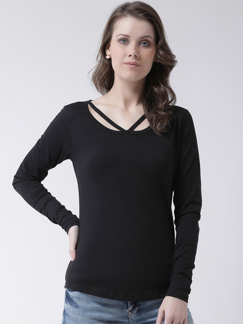

The Dry State Women Black Solid V-Neck T-shirt