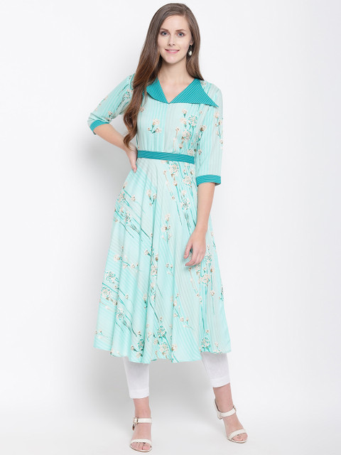

Vastrachowk Women Turquoise Blue Printed Anarkali Kurta