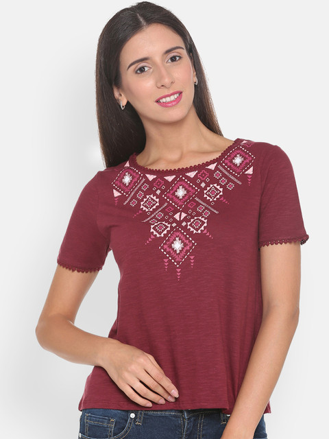 

People Women Maroon Printed Pure Cotton Top