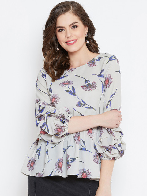 

PURYS Women Grey Floral Printed Peplum Top