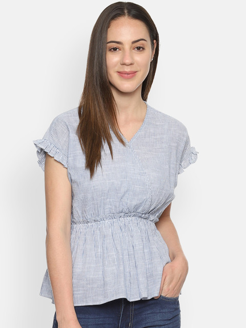 

Van Heusen Women Blue Striped Peplum Pure Cotton Top