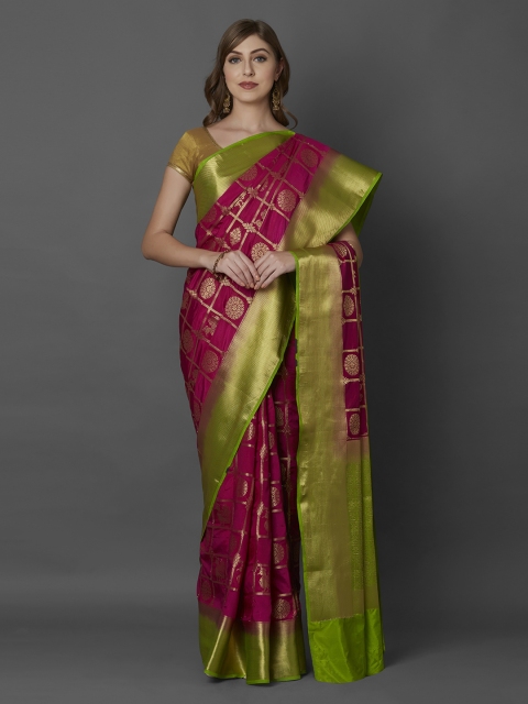

Mitera Pink & Green Silk Blend Woven Design Banarasi Saree