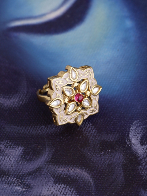 

Studio Voylla Women Brass-Plated Gold-Toned and White Enamelled Kundan Ring