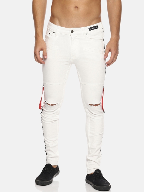 

KULTPRIT Men White Skinny Fit Mid-Rise Slash Knee Stretchable Jeans With Print & Distress