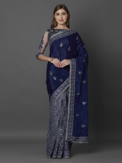 

Mitera Navy Blue & Grey Poly Georgette Embroidered Saree