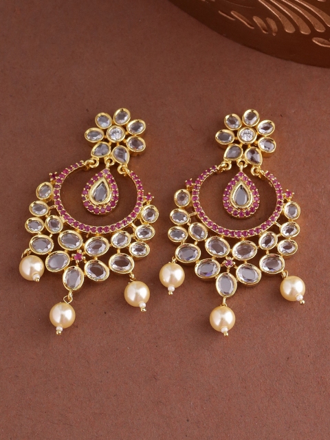 

Voylla Gold-Toned & Red Brass-Plated Handcrafted Peacock Shaped Drop Earrings