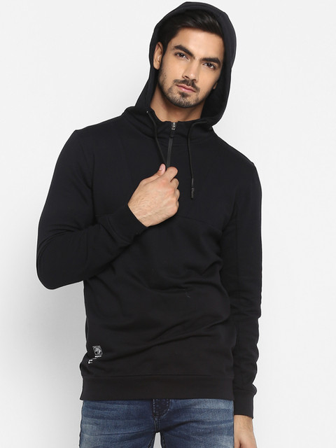 

Mufti Men Black Solid Hooded Sweatshirt