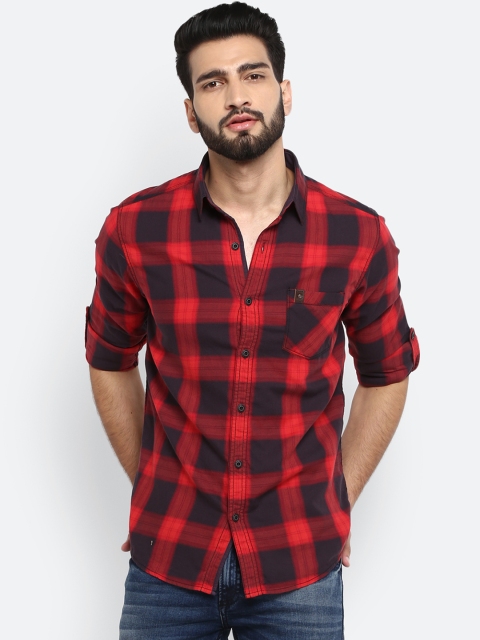 Mufti Men Red & Black Slim Fit Checked Casual Shirt