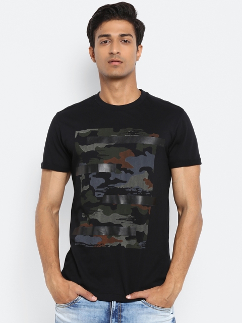 

Mufti Men Black Camouflage Printed Slim Fit Round Neck T-shirt