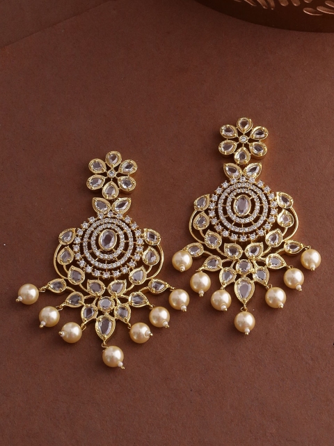 

Voylla Gold-Toned & White Handcrafted Contemporary Drop Earrings