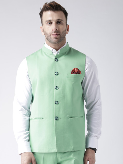 

Hangup Men Green Solid Nehru Jacket With Pocket Square