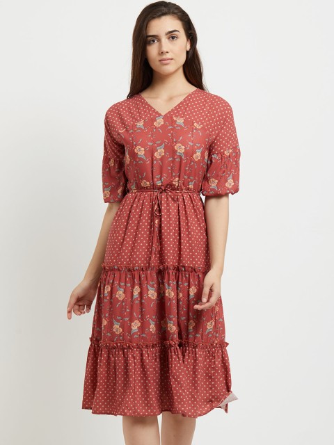 

109F Women Coral Tiered Printed Fit and Flare Dress