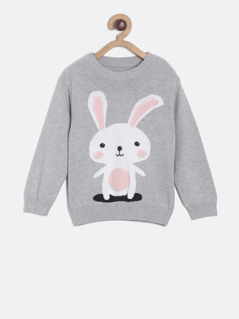 

MINI KLUB Girls Grey Melange & White Self Design Sweater