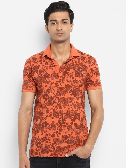 

Mufti Men Rust Orange Printed Polo Collar Pure Cotton T-shirt